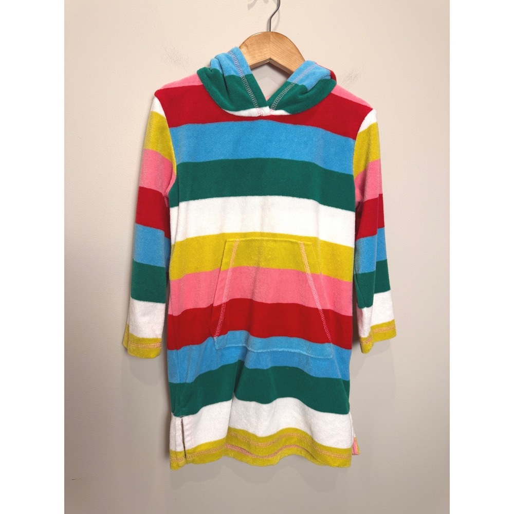 Boden 5-6Y Terry Hooded Cover Up Dress Multicolor Striped Long Sleeve Cotton